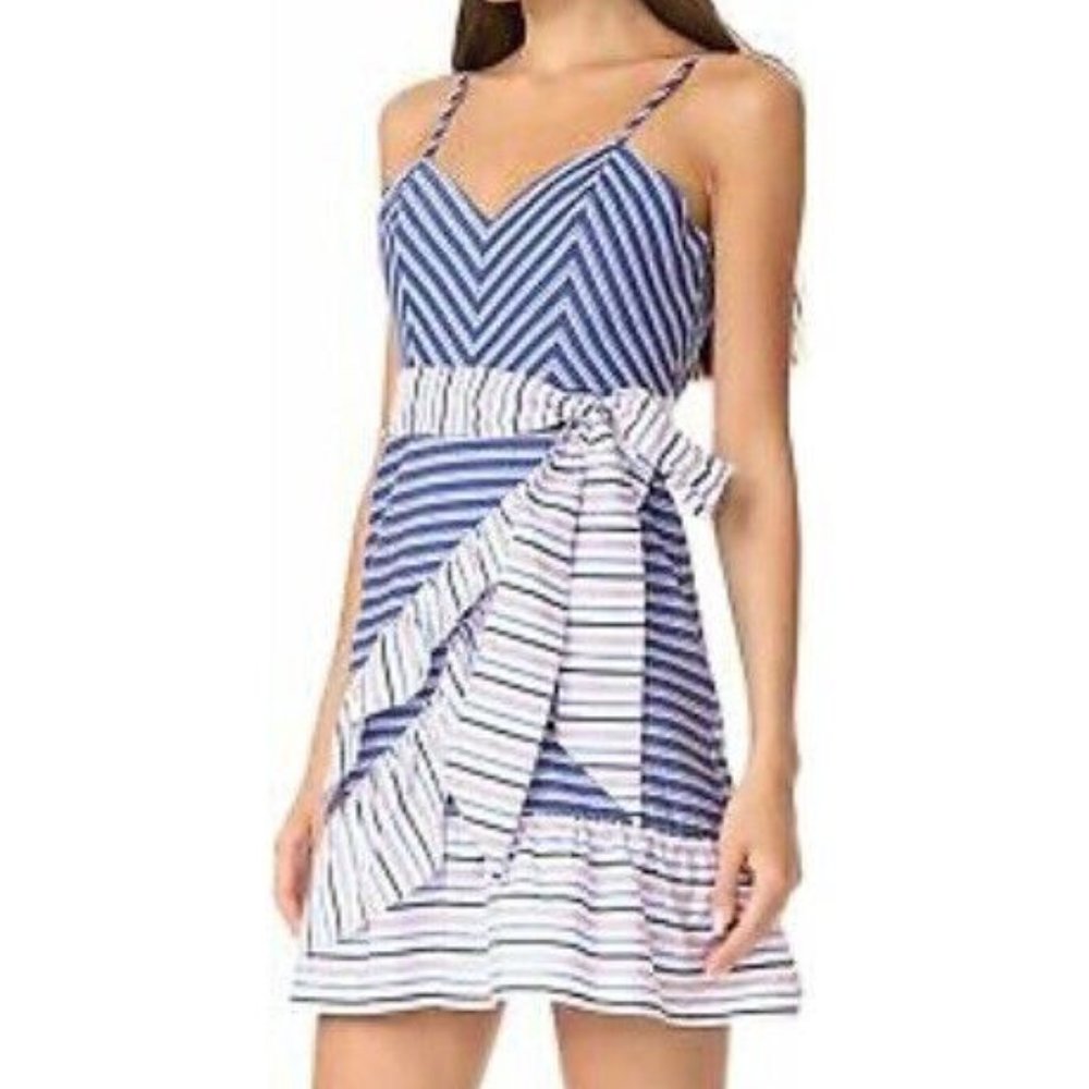 Parker Women's Blue/White/Pink Striped Ruffled Cotton BROOKLYN Mini Dress Size 8